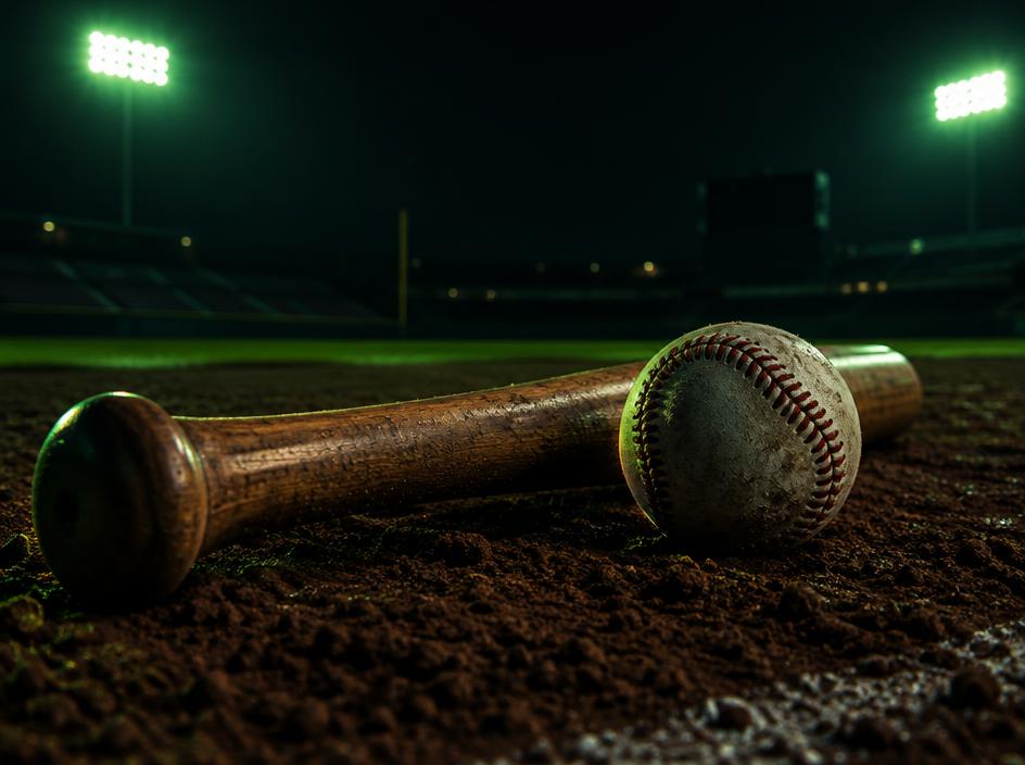 Baseball and wooden bat on infield dirt at night