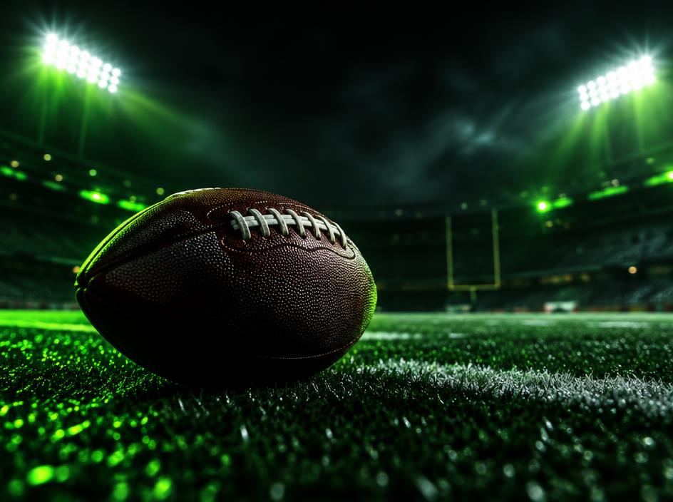 American football on stadium turf under night lights