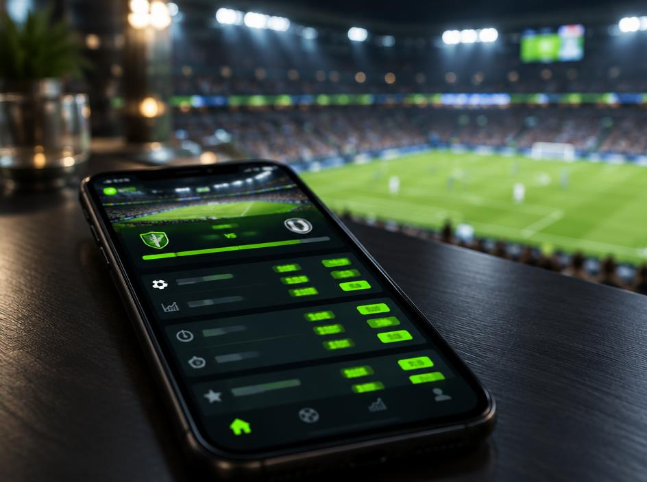 Phone showing live sports odds in front of a stadium